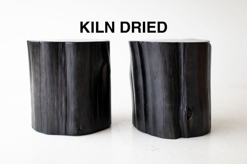 Organic modern luxury black tree stump side table in red cedar, front view