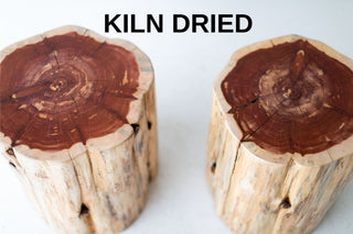 Natural modern tree stump side table in red cedar, front view