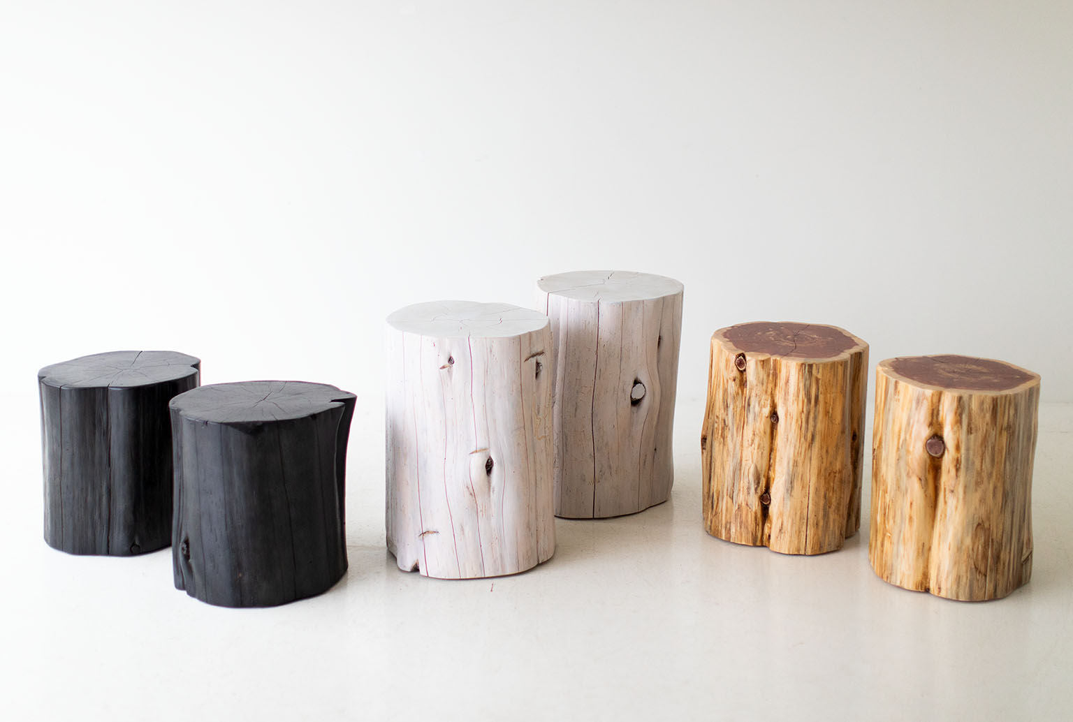 Modern Wood Stump Side Table & Nightstand – Black, Whitewash & Natural