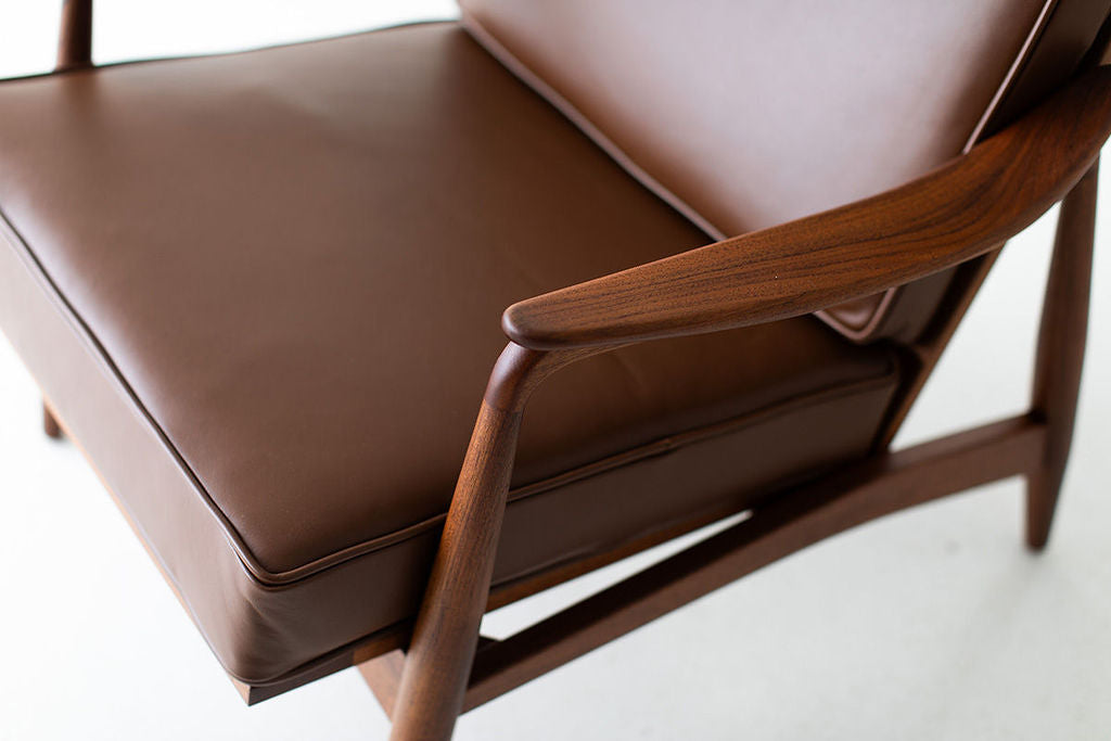 Lawrence Peabody Leather Cane Back Teak Lounge Chair - 2001P