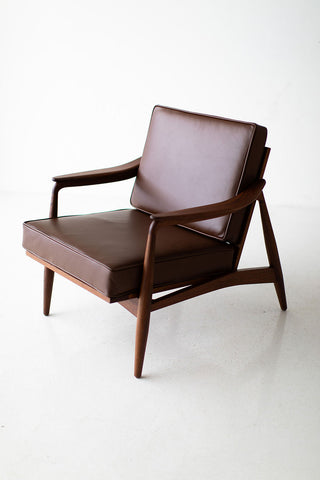 Lawrence Peabody Leather Cane Back Teak Lounge Chair, image 4
