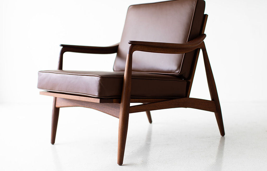 Lawrence Peabody Leather Cane Back Teak Lounge Chair - 2001P