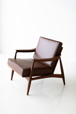 Lawrence Peabody Leather Cane Back Teak Lounge Chair, image 9