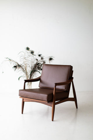 Lawrence Peabody Leather Cane Back Teak Lounge Chair, image 10
