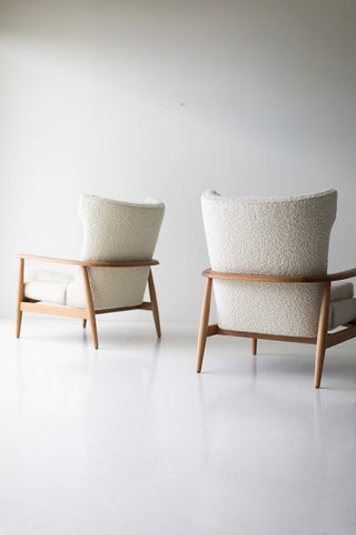 Side profile of the modern Peabody wing chair in boucle