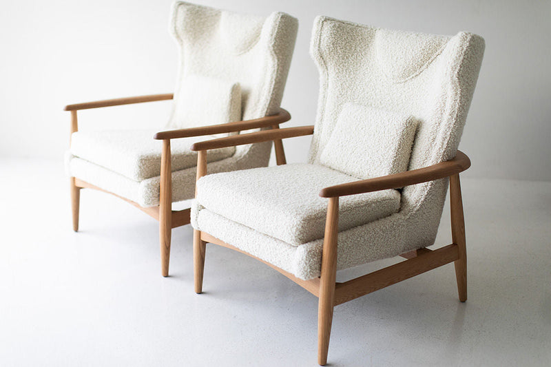Back view of the Peabody wing chair showing the boucle back
