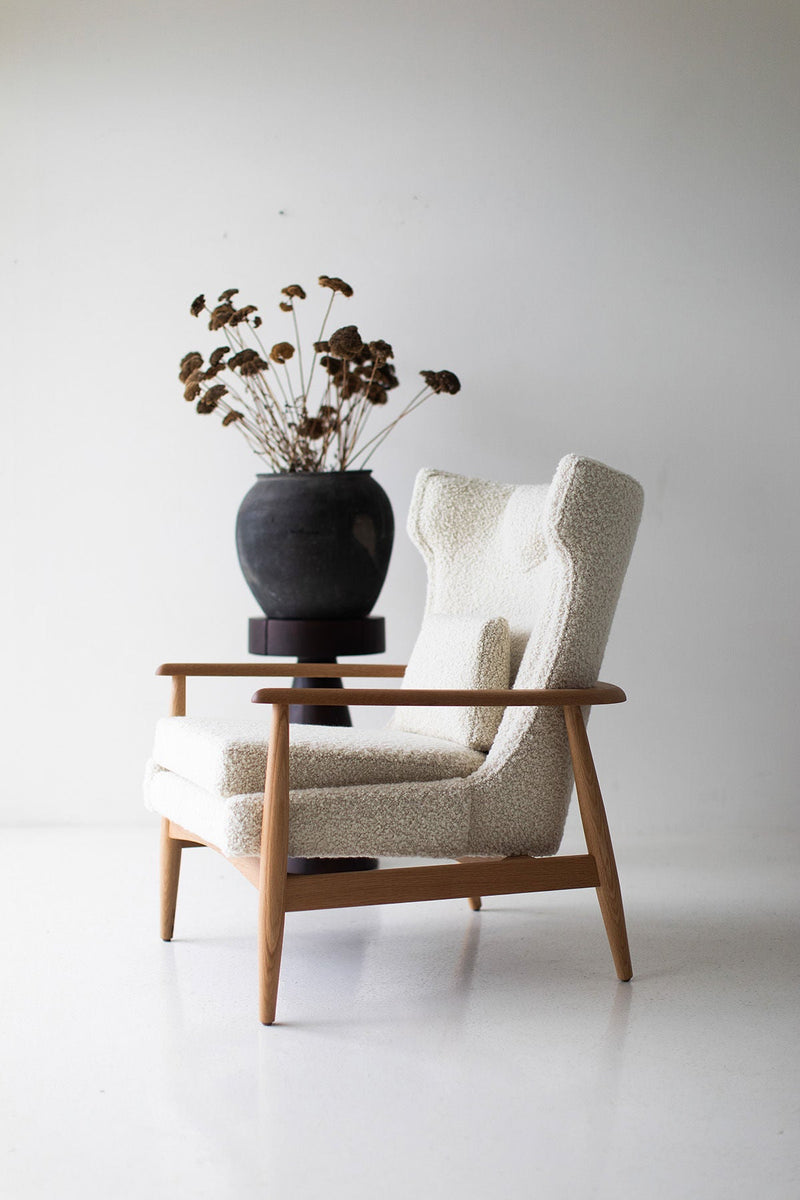 Close-up of the seat cushion and boucle upholstery