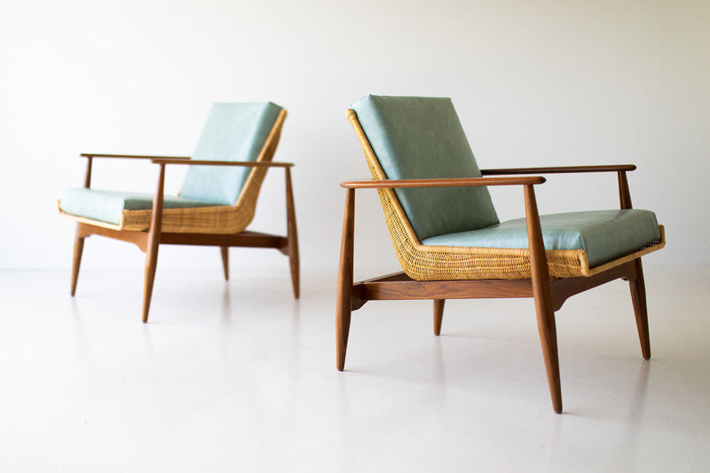 Peabody wicker lounge chair in teak and leather, angled view