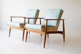 Peabody wicker lounge chair in teak and leather, styled view