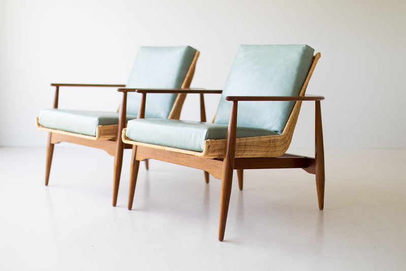Peabody wicker lounge chair in teak and leather, styled view