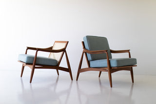 Modern luxury teak and cane lounge chair, the Peabody cane back, front view