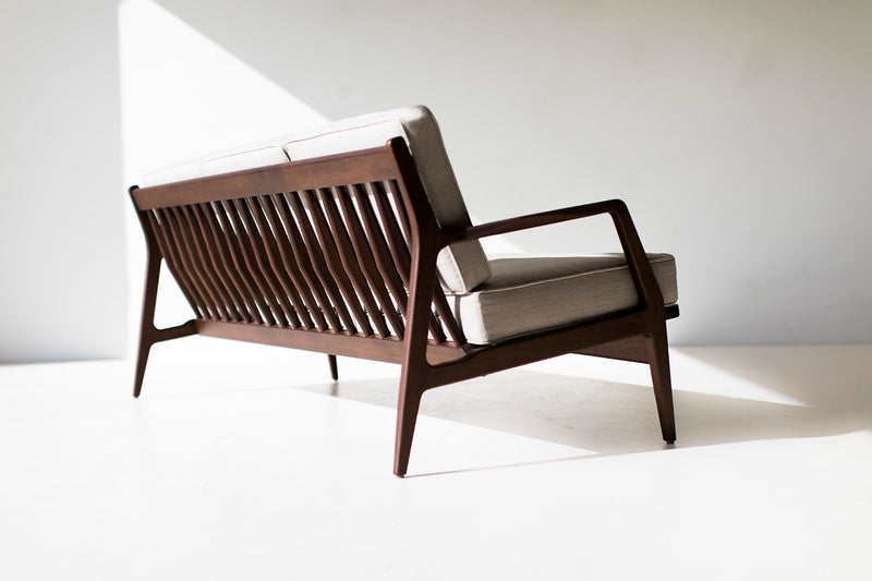 Angled view of the Lawrence Peabody walnut sofa