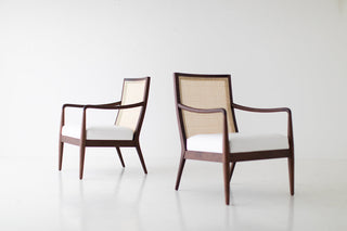 Modern Peabody cane back lounge chair in walnut, styled in natural daylight