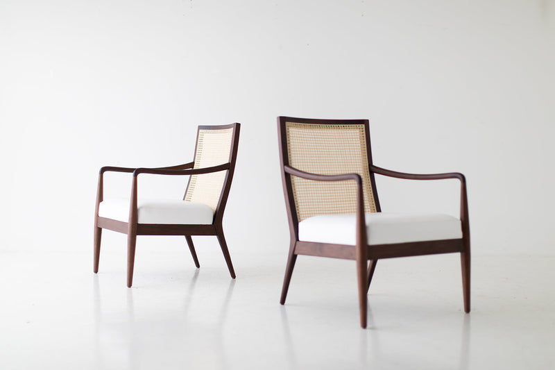 Modern Peabody cane back lounge chair in walnut, styled in natural daylight