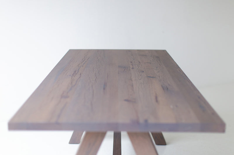 Close-up of the reclaimed oak grain on the Liberty farm table's top