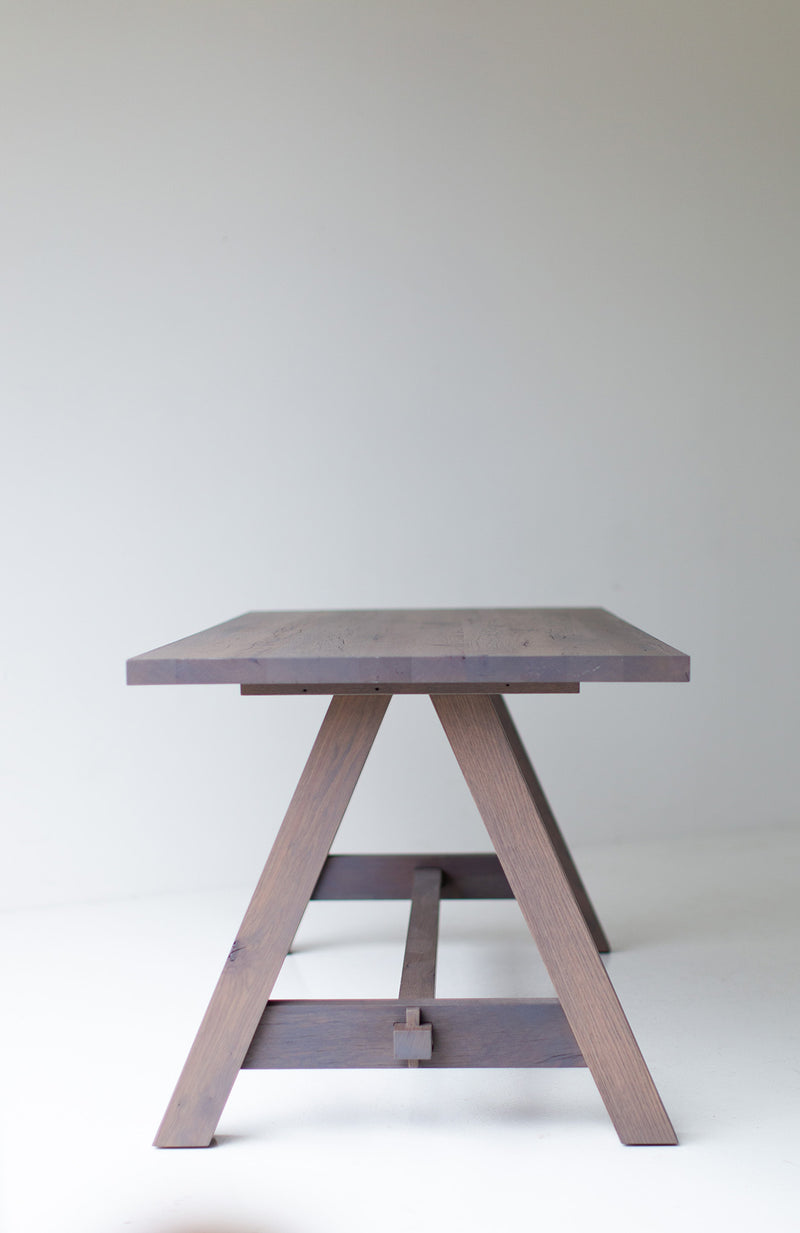 Angled view of the Liberty farm table highlighting the reclaimed wood texture