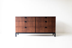 Modern luxury walnut six drawer chest by Milo Baughman with a finished veneer front