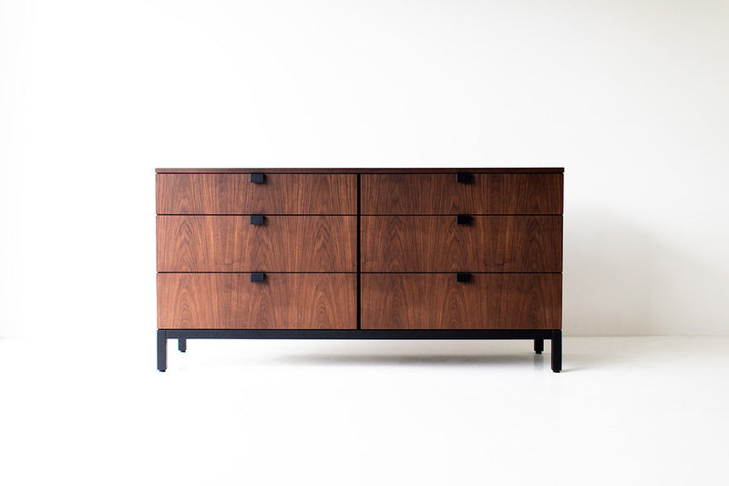 Modern luxury walnut six drawer chest by Milo Baughman with a finished veneer front