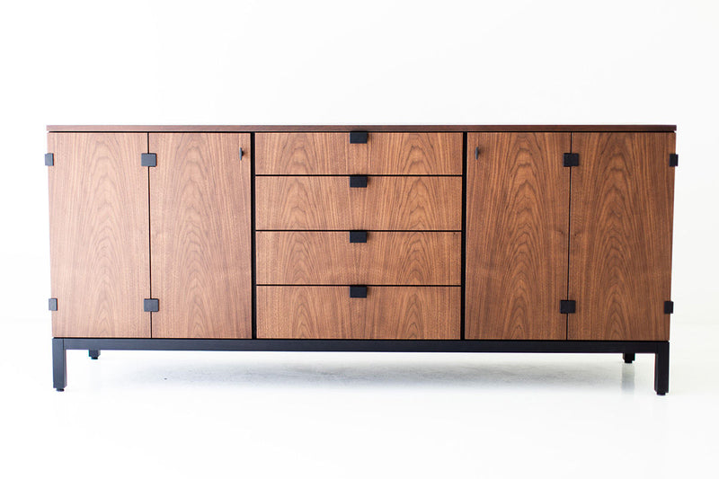 Modern luxury walnut buffet by Milo Baughman with finished veneer doors