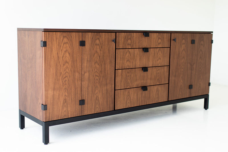 Close-up of the walnut veneer grain on the buffet doors