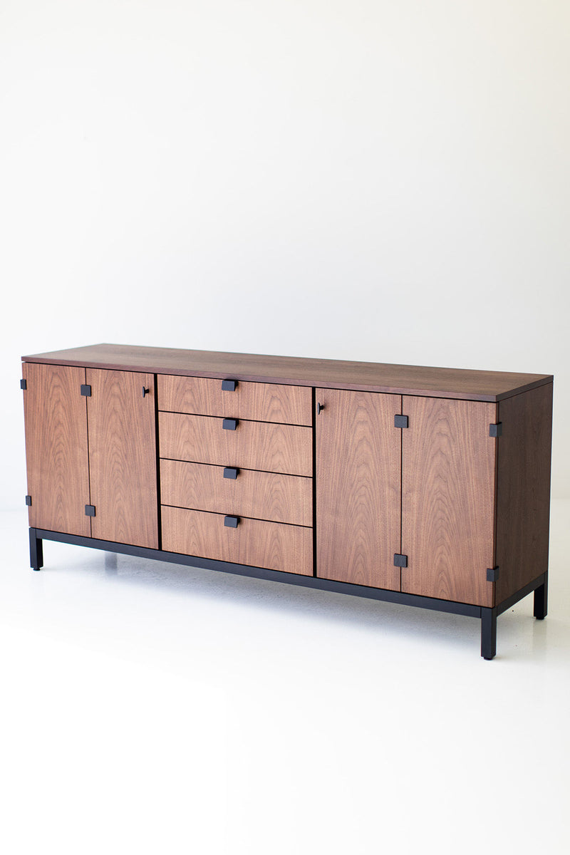Angled view of the buffet and its walnut frame