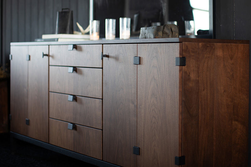 Interior of a solid walnut drawer in the buffet