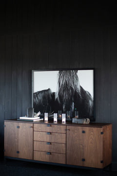 Full view of the Milo Baughman buffet against a neutral backdrop