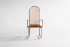 Modern luxury Milo Baughman highback arch dining arm chair in oak and leather, front view