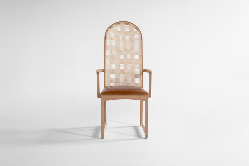 Modern luxury Milo Baughman highback arch dining arm chair in oak and leather, front view
