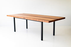 Modern luxury Milo Baughman striped top walnut dining table on a matte black base