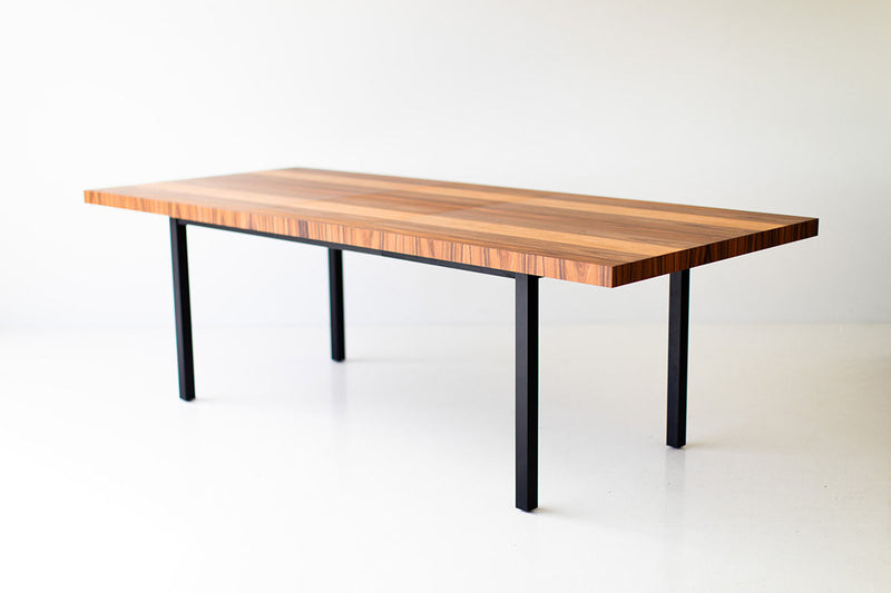 Modern luxury Milo Baughman striped top walnut dining table on a matte black base