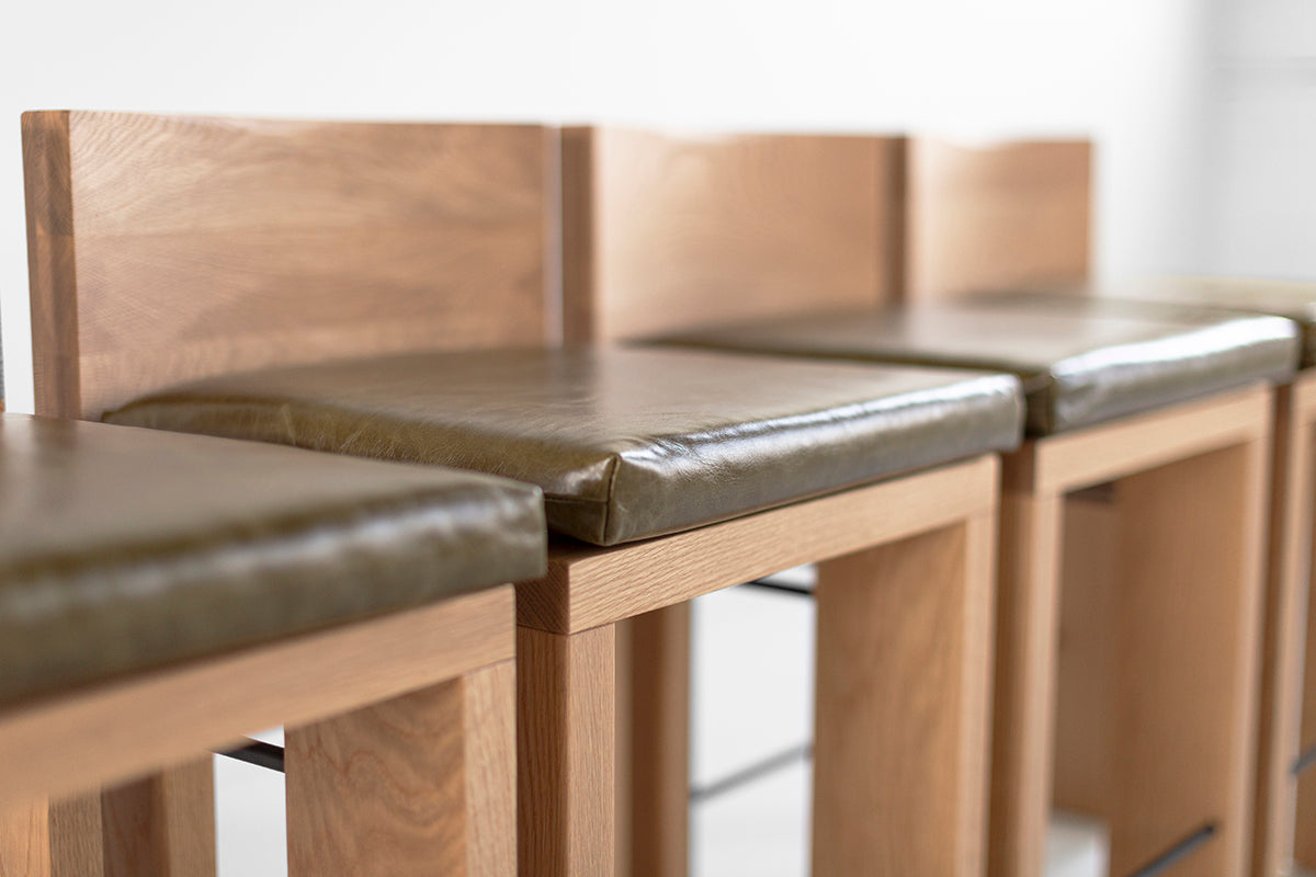 Chile Bar Stool in Leather — Modern Luxury White Oak & Metal Bar Stool