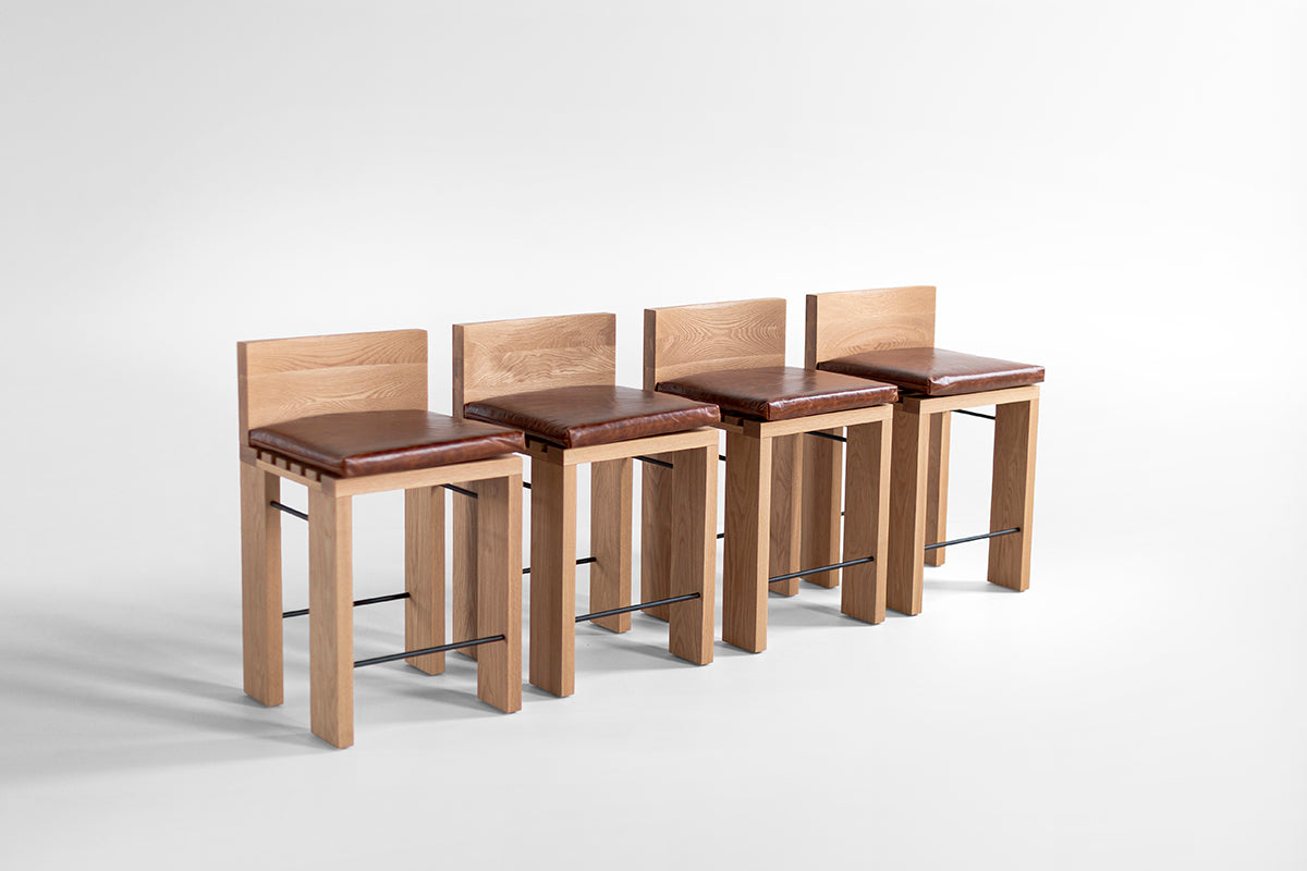 Chile Bar Stool in Leather — Modern Luxury White Oak & Metal Bar Stool