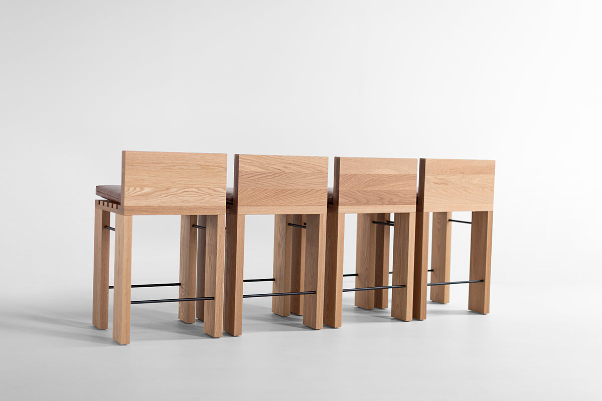 Chile Bar Stool in Leather — Modern Luxury White Oak & Metal Bar Stool