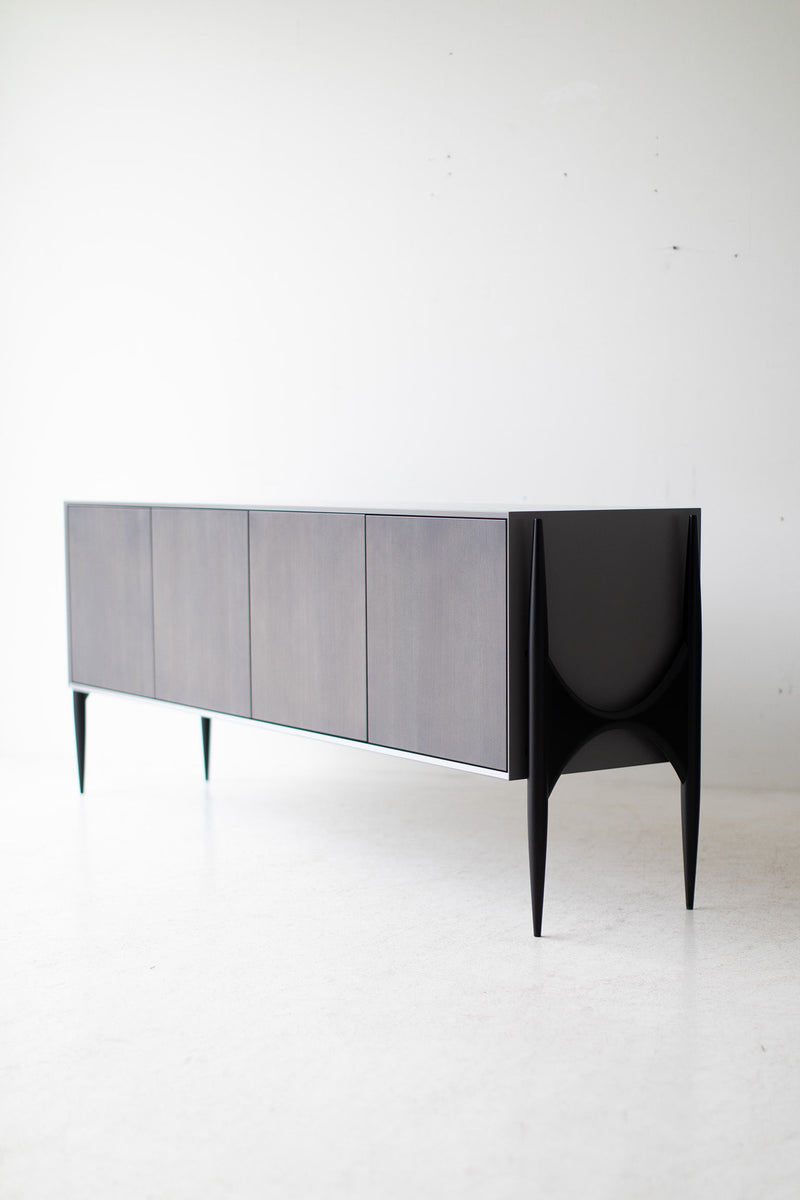 Modern luxury grey lacquered Cambre credenza shown at an angle