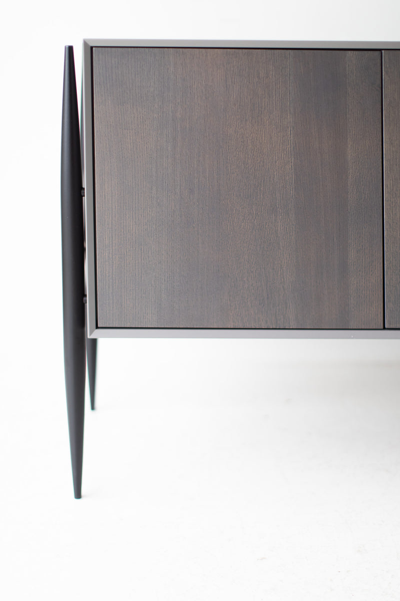 Modern luxury grey Cambre credenza styled in a modern living room