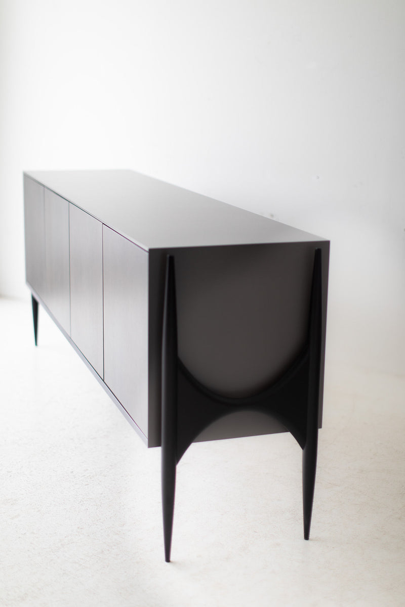 Detail of the soft grey lacquer finish on the modern luxury Cambre credenza frame