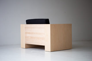 Modern Mondo maple lounge chair with black thick weave fabric shown from above