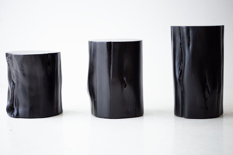 Black stump side table styled in a bright interior