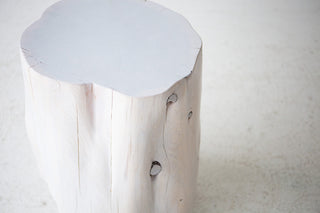 Whitewash stump side table styled as a modern nightstand