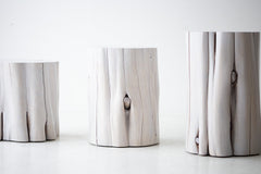 Natural wood grain and character cracking on a whitewash stump table