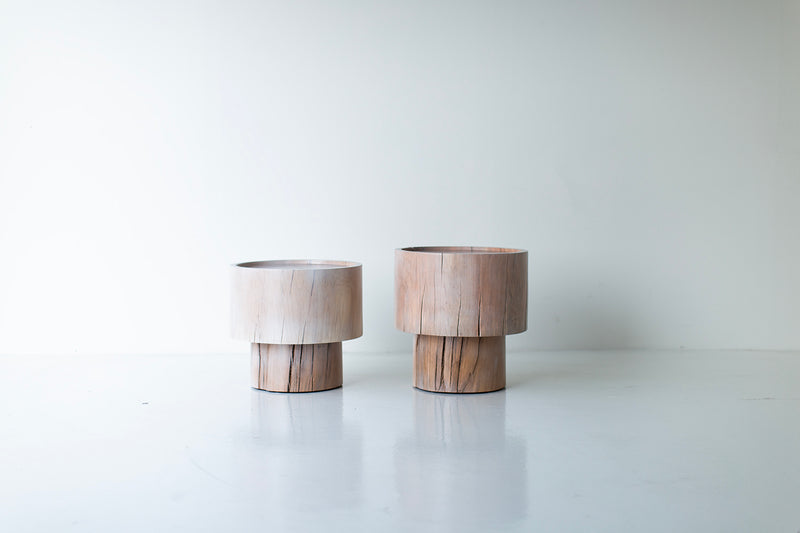 The Breeze modern wood side table in a whitewash finish with an organic sculptural shape
