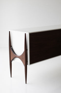 Close-up of the solid walnut grain on the modern luxury Cambre credenza doors