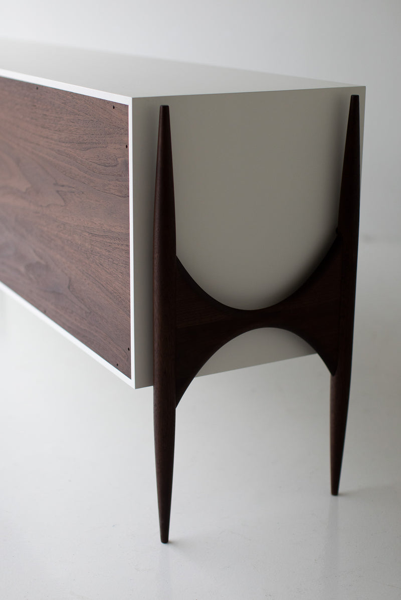 Modern luxury walnut Cambre credenza styled in a modern dining room