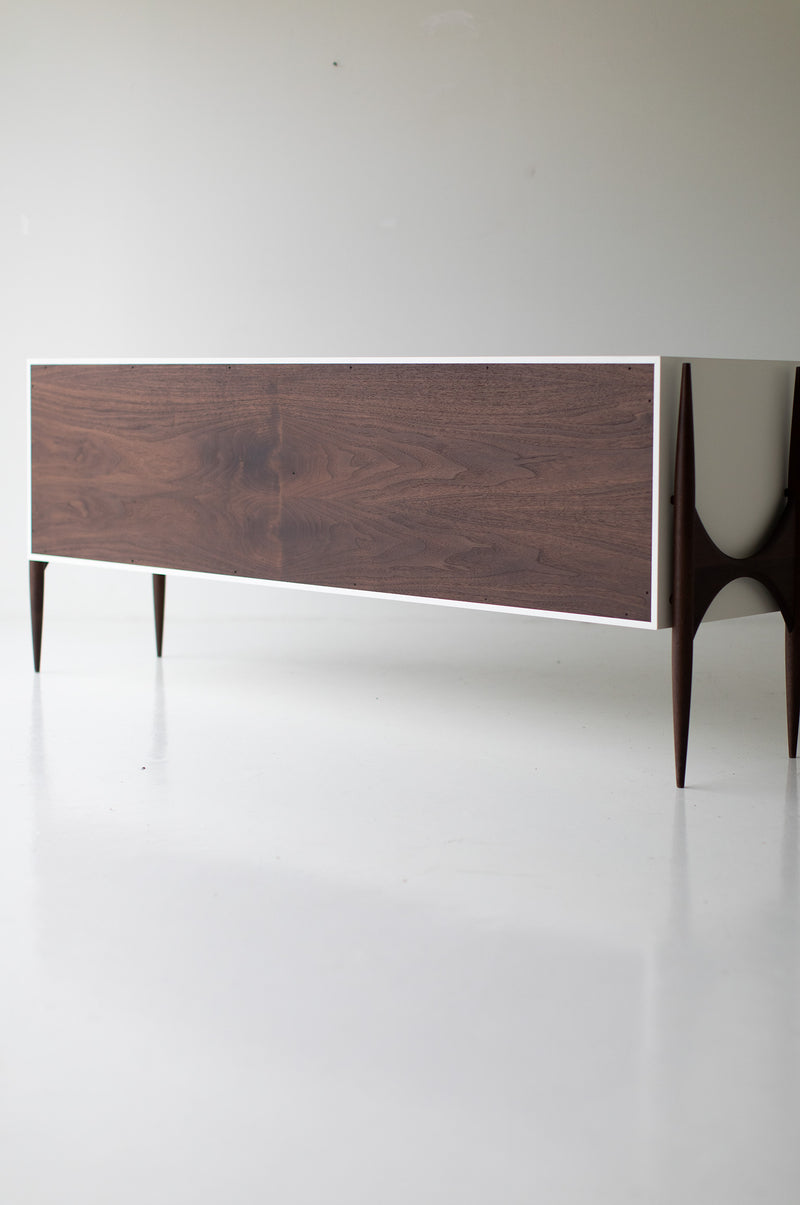 Close-up of the hand-lacquered finish on the modern luxury Cambre credenza frame