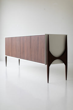 Modern luxury walnut Cambre credenza by Craft Associates®, styled in natural light
