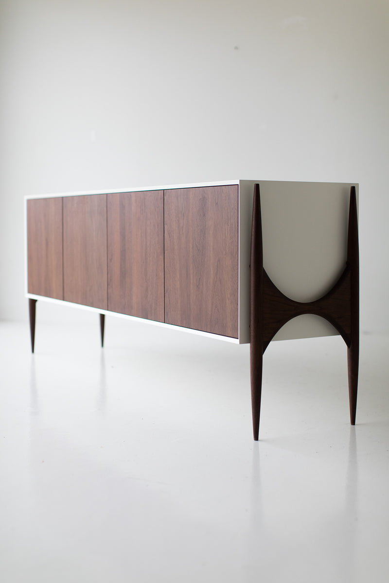 Modern luxury walnut Cambre credenza by Craft Associates®, styled in natural light
