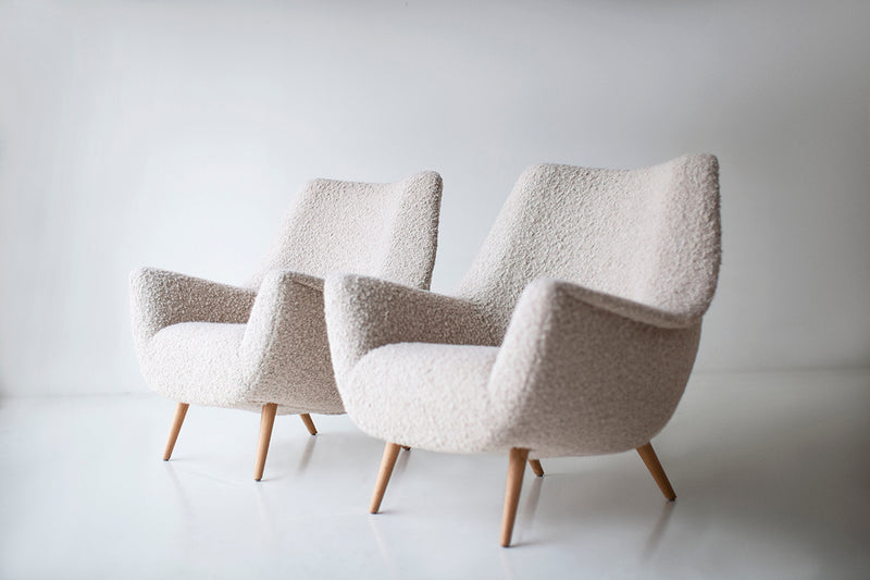 Modern Danish lounge chair by Lawrence Peabody in white bouclé fabric