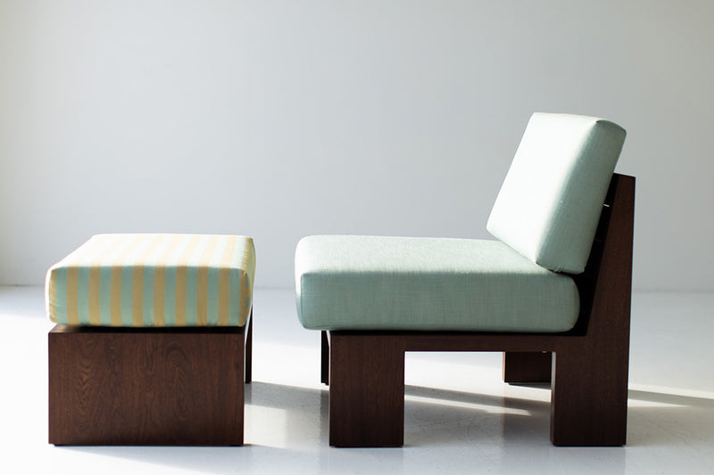 Organic modern mahogany patio chair in a bright outdoor space