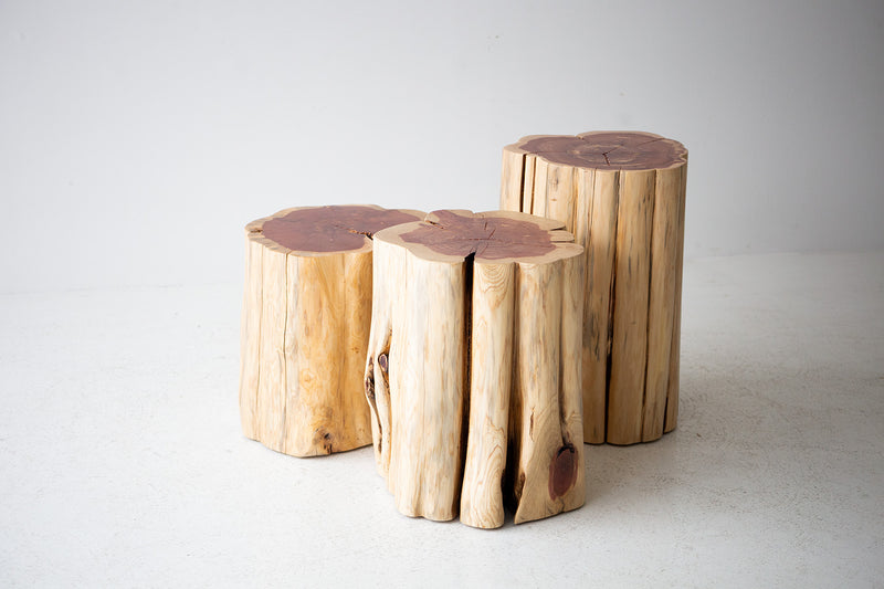 Natural red cedar stump side table shown at an angle